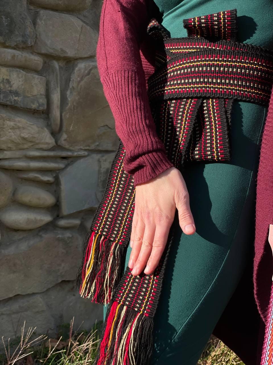 Vintage Handwoven Wool Sash Belt  Folk Boho Fringe 62” Vintage sash belt fringed - Gem main image 2