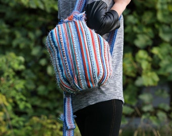 Blue woven backpack for woman Convertible spring backpack Handbag purse Basket bag Colorful beach bag Boho handwoven basket Large ecobag