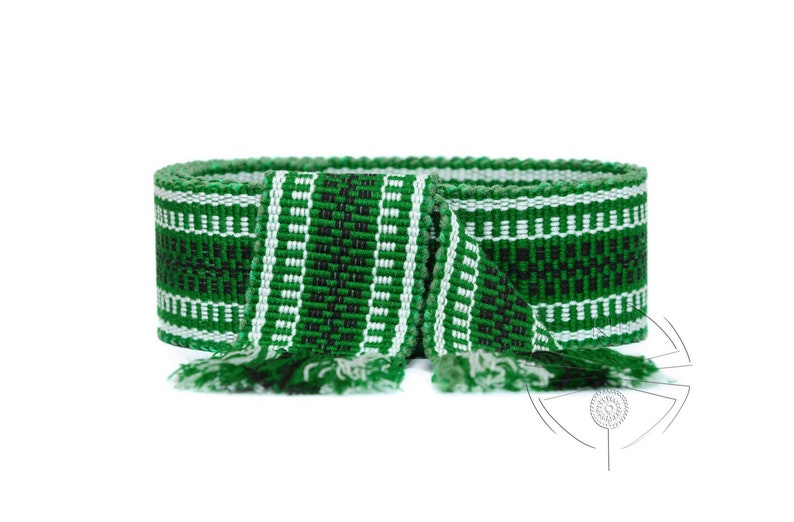 Woven belt Green woven sash Textile Ukrainian ethnic ribbon for woman Embroidered belt Boho handwoven strap for man Striped hippie belt image 1