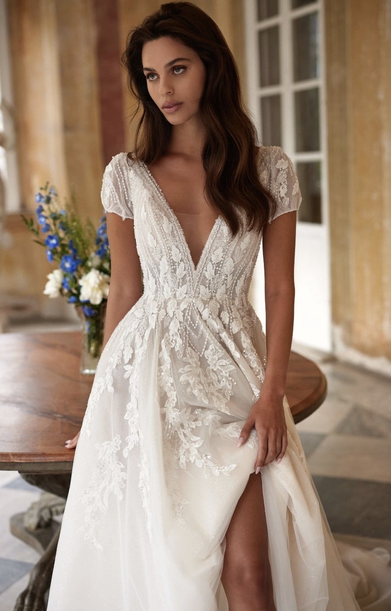 Glitter wedding dress, short sleeves bridal gown , ball gown dress image 9