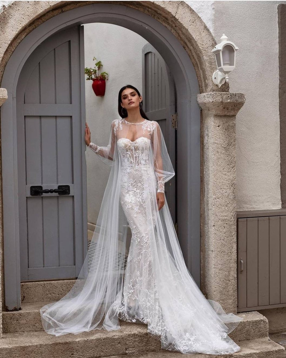 Long Sleeve Wedding Cape Elegant Lace Tulle Cape Veil - Etsy