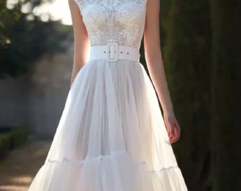 Tea Length Wedding Dress, Tulle Wedding Dress, Knee Length Wedding Dress for Civil Ceremony