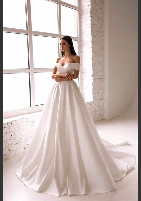 off shoulder wedding dress satin
