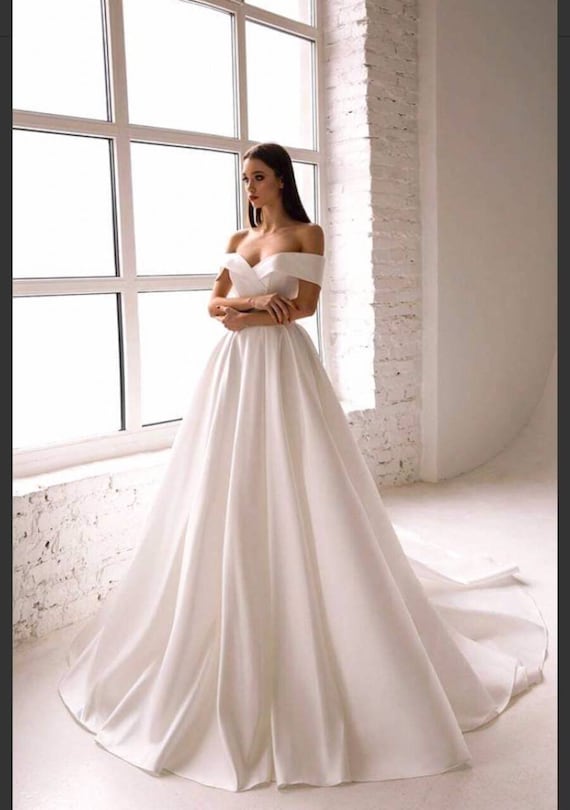 off the shoulder wedding dress satin