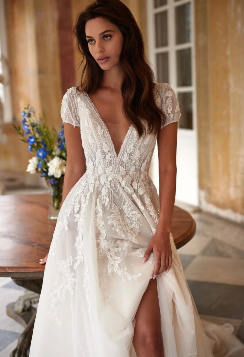 Glitter wedding dress, short sleeves bridal gown , ball gown dress image 2