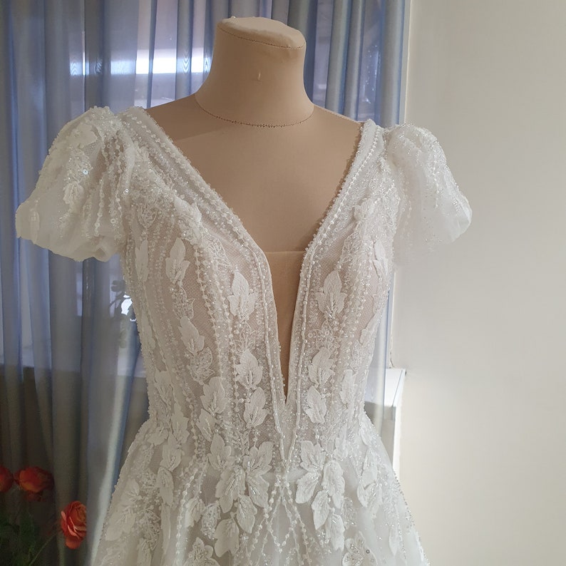 Glitter wedding dress, short sleeves bridal gown , ball gown dress image 5