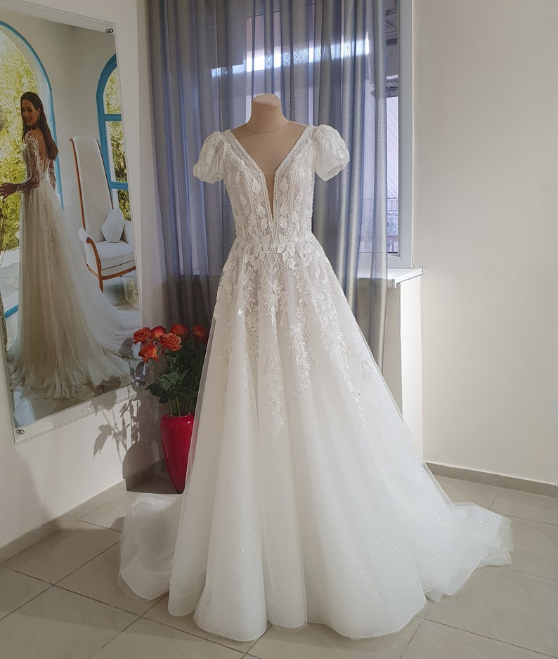 Glitter wedding dress, short sleeves bridal gown , ball gown dress image 3