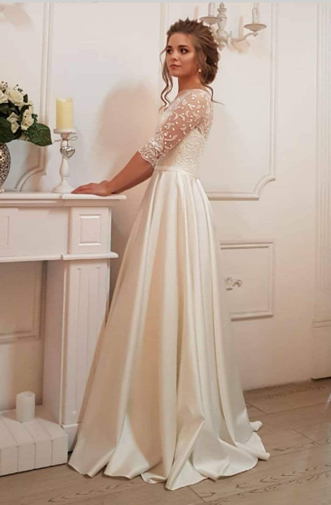 satin and lace long sleeve wedding dress
