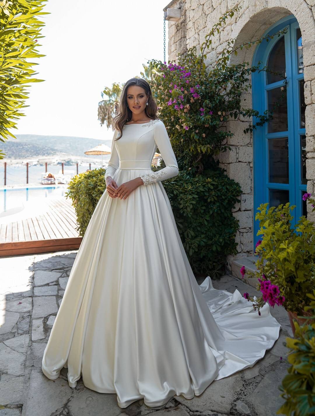 Long Sleeves Satin Wedding Dress Plain ...