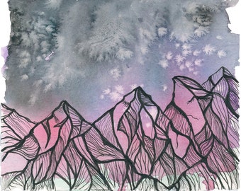 Mountain night sky: watercolor print