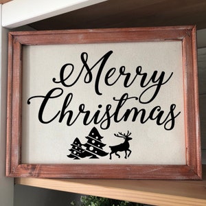 Framed Merry Christmas Sign: Rustic Deer & Trees Farmhouse Decor