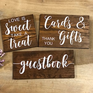 Paquete de letreros de boda "Tarjetas y regalos de agradecimiento", "El amor es dulce, llévate un capricho", "Libro de visitas", decoración rústica de mesa de madera auténtica personalizable