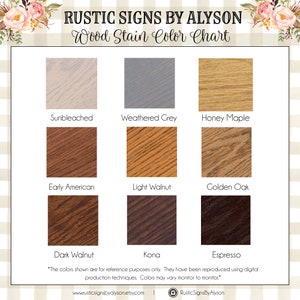 May include: Wood stain color chart with nine different wood stain colors. The colors are labeled: Sunbleached, Weathered Grey, Honey Maple, Early American, Light Walnut, Golden Oak, Dark Walnut, Kona, and Espresso. The text at the bottom of the chart reads: "The colors shown are for reference purposes only. They have been reproduced using digital production techniques. Colors may vary monitor to monitor."