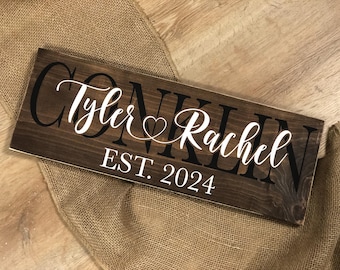Last Name Sign for Couples Tied With Heart and Established Date Customizable Two Toned Family Name Rustic 3D Wedding Personalized Plaque