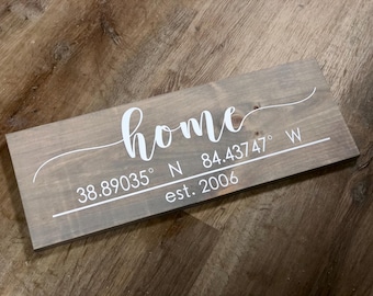 New Home Sign with GPS Latitude and Longitude Coordinates *Customizable* Farmhouse Rustic Decor First Housewarming Forever Personalized Sign