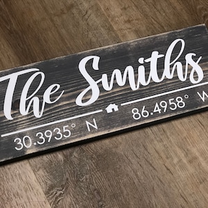 Personalized Family Name Wood Sign: GPS Coordinates, Rustic Home Decor