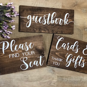 Paquete de letreros de madera real para bodas: "Libro de visitas", "Por favor, busque su asiento", "Tarjetas y obsequios, gracias", decoración rústica para mesa de boda estilo granja personalizada