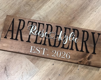 Last Name Sign for Couples Tied With Heart and Established Date Customizable Two Toned Family Name Rustic 3D Wedding Personalized Plaque