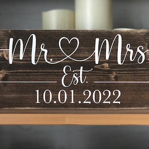 Wedding Gift Mr & Mrs Sign with Established Date Heart Anniversary Gift *Customizable* Real Wood Block Decor Sweetheart Table Sign Reception