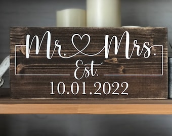 Wedding Gift Mr & Mrs Sign with Established Date Heart Anniversary Gift *Customizable* Real Wood Block Decor Sweetheart Table Sign Reception