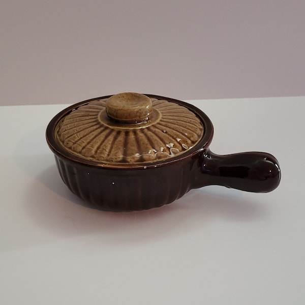 Vintage USA Pottery Lidded and Handled Soup Bowl