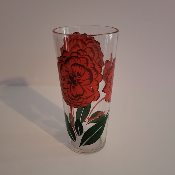 Vintage Boscul Peanut Butter Flower Tall Drinking Glass Red Camellia