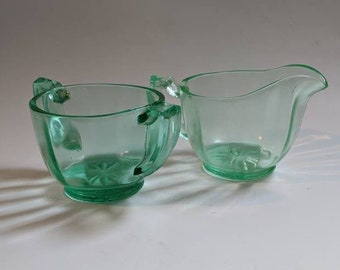 Bartlett Collins Green  Paneled Depression Glass Creamer and Sugar Dish / Uranium Glass