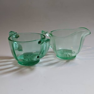 Bartlett Collins Green  Paneled Depression Glass Creamer and Sugar Dish / Uranium Glass