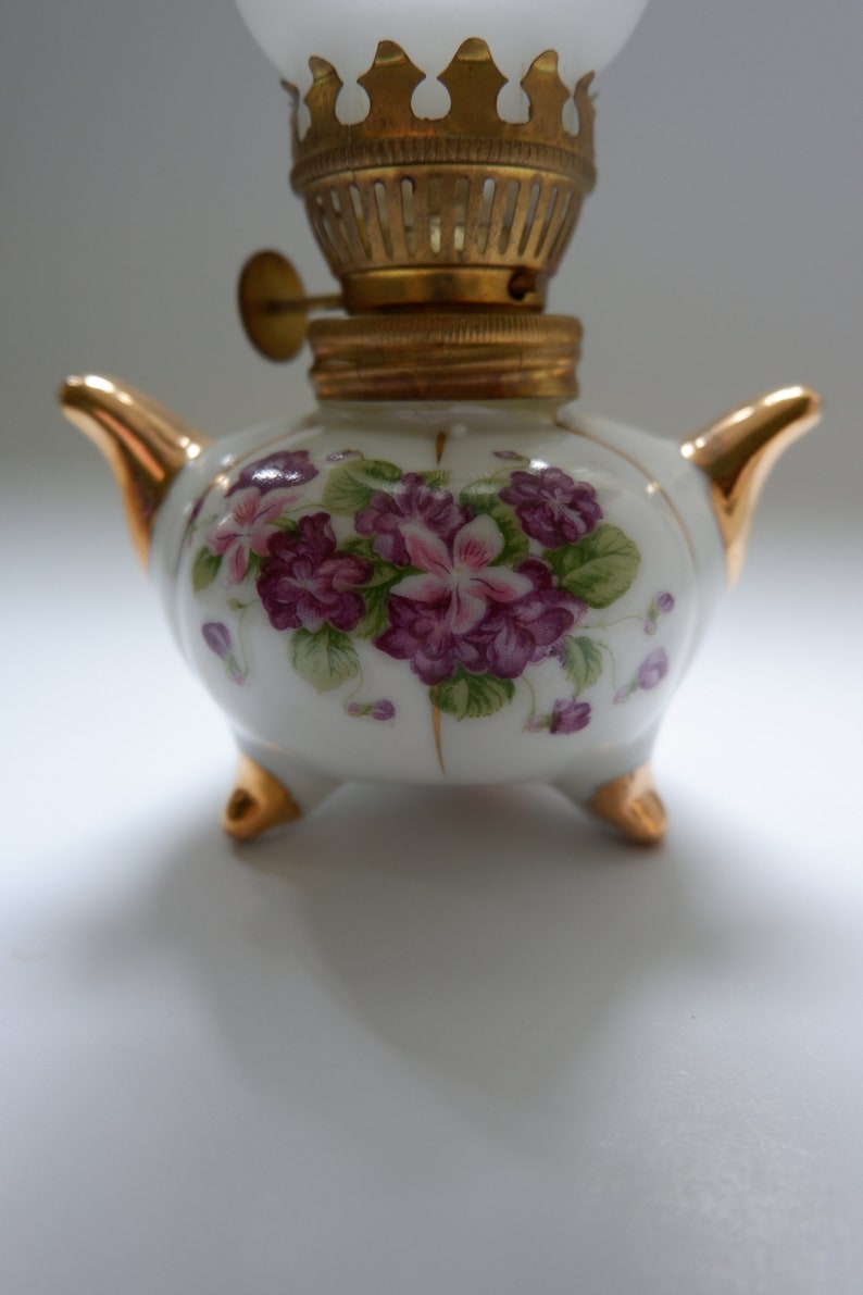 Ceramic Miniature Oil Lamp Ucagco Japan Ceramics Purple Flowers and Gold Trim