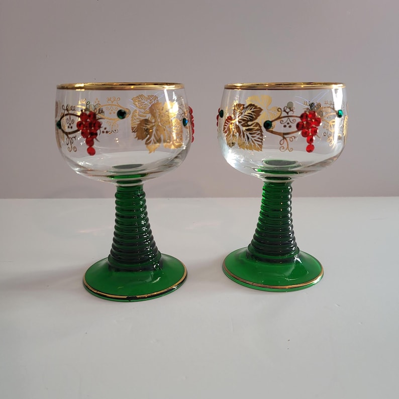 Vintage Roemer Green Beehive Stemmed Wine Glasses with Grape Motif in Gold and Crystals