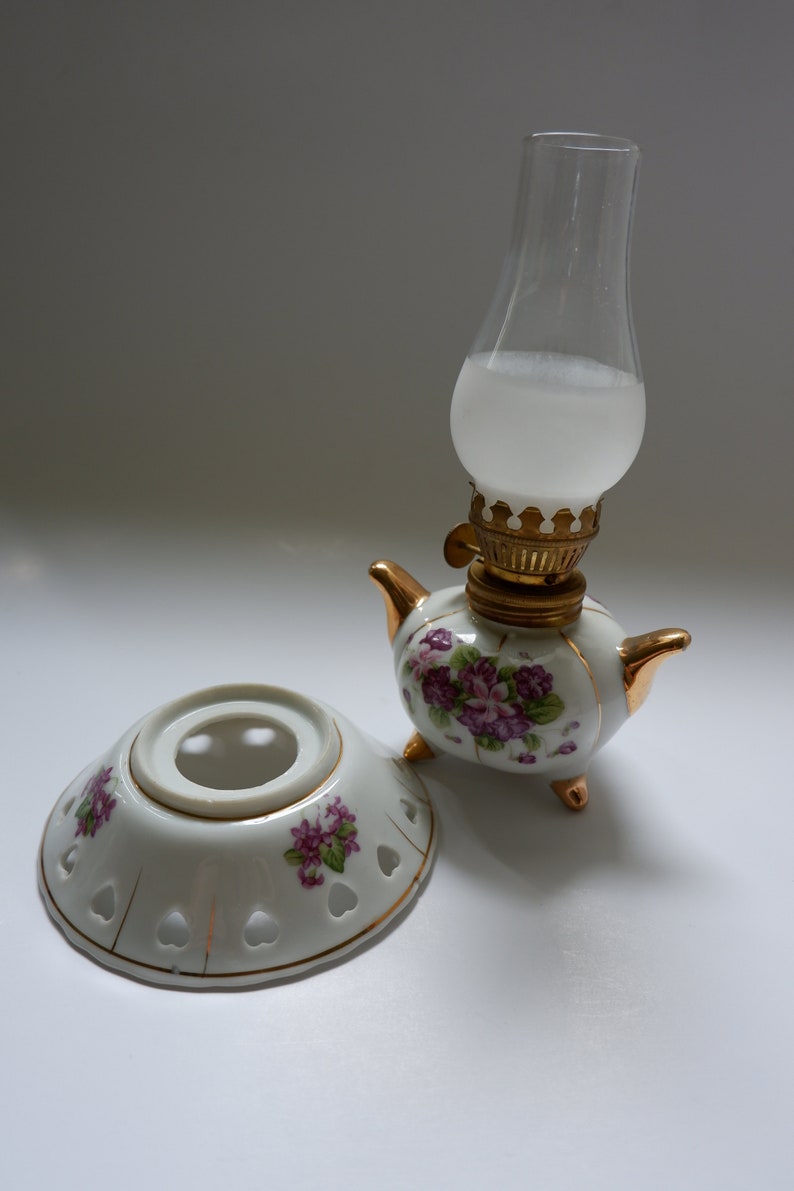 Ceramic Miniature Oil Lamp Ucagco Japan Ceramics Purple Flowers and Gold Trim