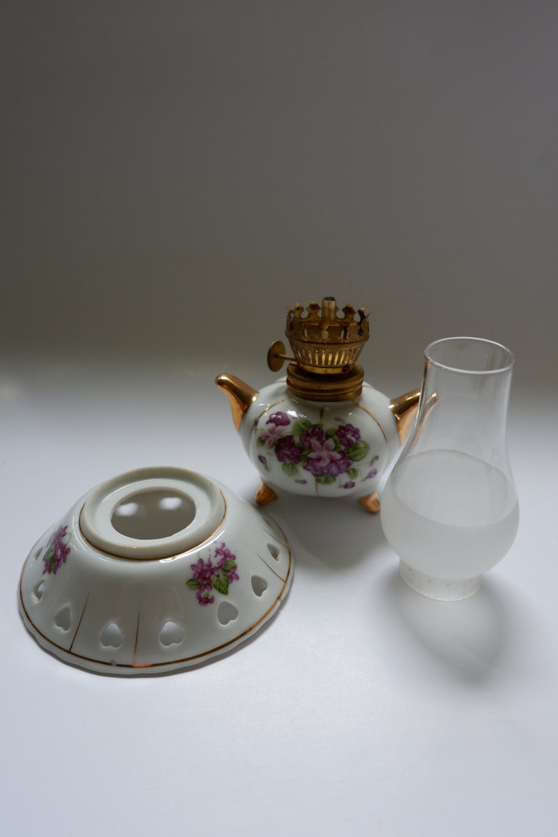 Ceramic Miniature Oil Lamp Ucagco Japan Ceramics Purple Flowers and Gold Trim