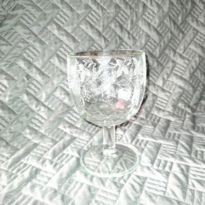 May include: A clear glass wine goblet with a gold rim and a white grapevine design. The goblet has a tall stem and a round base.