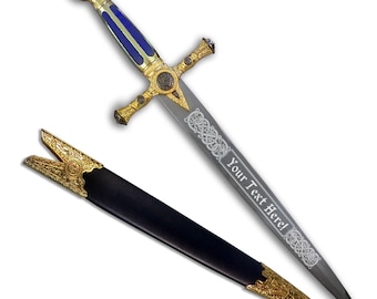 Custom Engraved Masonic Short Sword with Red or Blue Handle and Optional Decorative Celtic Border Pattern