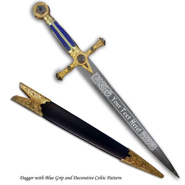 Custom Engraved Masonic Short Sword with Red or Blue Handle and Optional Decorative Celtic Border Pattern