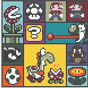 May include: A pixelated design featuring characters and elements from the Super Mario video game series. The grid-like pattern includes images of Mario, Yoshi, a Piranha Plant, a question mark block, and a Koopa Troopa, among others. The color palette is vibrant, with primary colours.