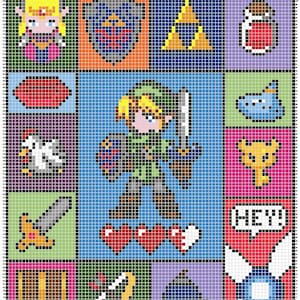 Puede incluir: Ilustración de arte pixelado con personajes y símbolos de un videojuego. El diseño incluye un personaje con espada y escudo, corazones, un escudo, un Triforce y la palabra "HEY!" en un bocadillo. La paleta de colores es vibrante, con cuadrados azules, verdes, naranjas y rosas.