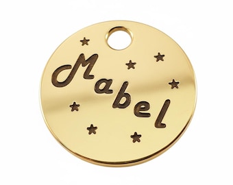Deeply engraved solid brass dog tag, 29mm round, modern design with stars