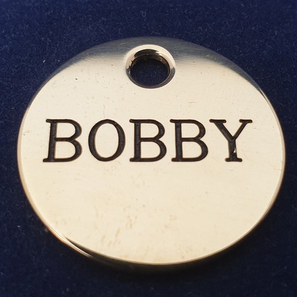 Deeply engraved solid brass dog tag, 25mm round