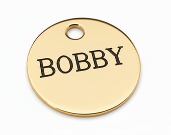 Deeply engraved solid brass dog tag, 25mm round