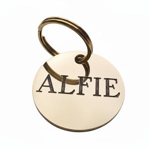 Deeply engraved and painted solid brass dog tag, 29mm round, with steel split ring