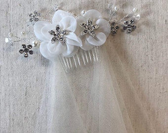 Waist length embellished comb veil