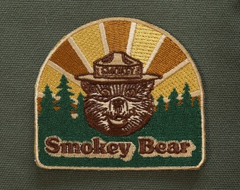 Smokey Bear Patch - Trees, Mountains, Park Services, Forest Service, vintage retro design - Woven Iron-on or Sew-on