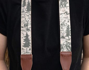 Camera Strap - Woodland Landscape Design | Photography Accessory, Vegan Leather, Crossbody | Mountains, Wildlife, Trees, Sun, Nature