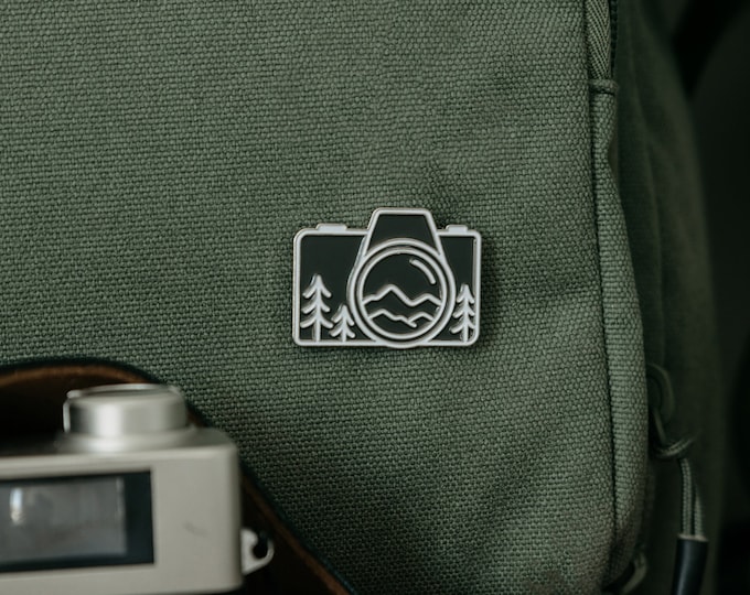 Camera Mountain Enamel Pin | Backpack, Hike, Travel, Exploring Nature, Mountain, Trees, Vintage film, Gift, Jacket, Shirt, Hat