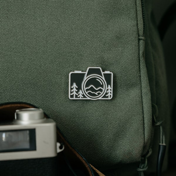 Camera Mountain Enamel Pin | Backpack, Hike, Travel, Exploring Nature, Mountain, Trees, Vintage film, Gift, Jacket, Shirt, Hat