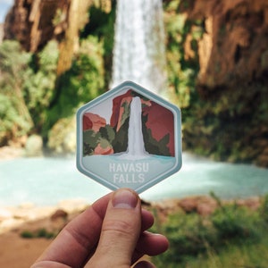 Havasu falls sticker in front of havasupia waterfall in arizona
