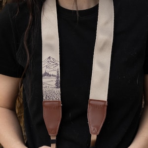 Ink MT Flower Brown Camera Strap Design - Brown Vegan Leather | Photography Accessories | Wildflowers | Floral | Mountain Landscape | Nature