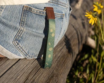 Green Vine Wristlet Keychain - Floral - Yellow Roses - Vegan Brown Leather End, Key Fob, Key Ring, Lanyard, Key Clip, Gifts for Her