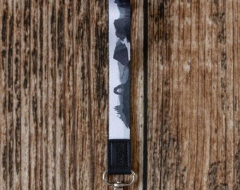National Park Wristlet Keychain in Black/White, Vegan Leather Ends, Key Fob, Key Holder, Key Ring, Lanyard, Key Clip, Gifts for Him/Her